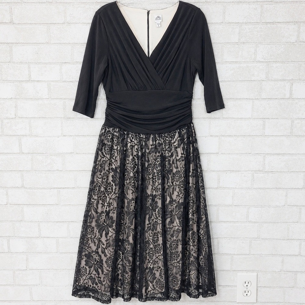 Sangria Black Lace Midi Dress Womens 8‎ Ruched Evening Cocktail Wedding Guest